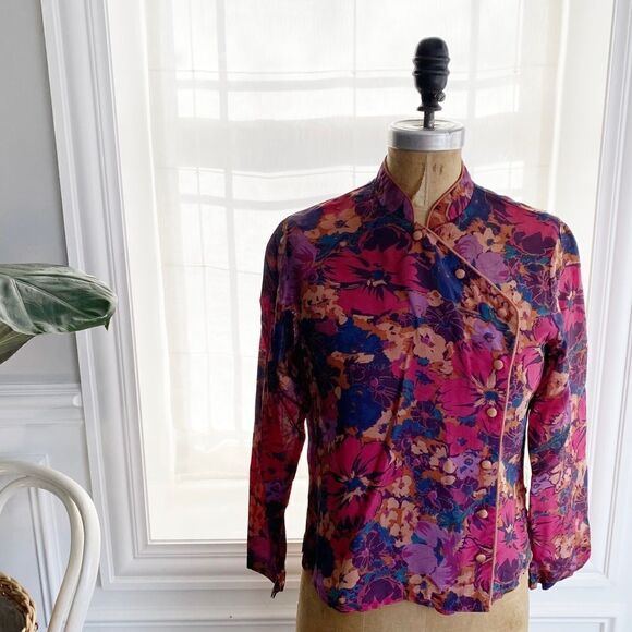 Vintage Mandarin Style Floral Print Blouse Pink Size Small - Picture 2 of 12